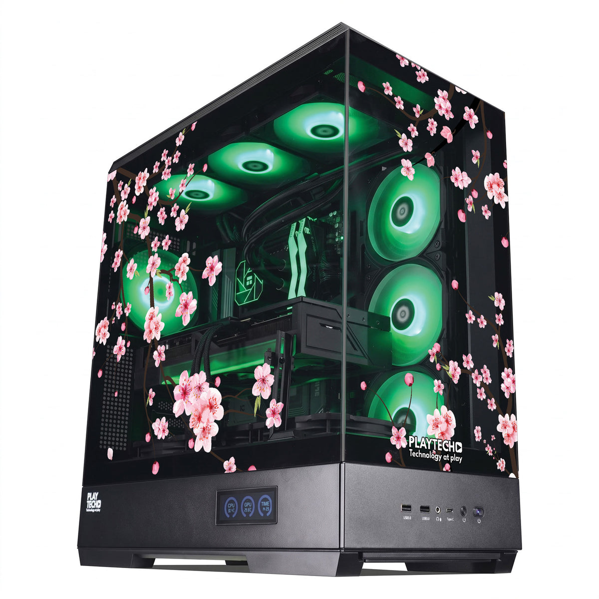 A desktop PC tower in a black case with a transparent side panel, decorated with pink cherry blossom flowers and green internal RGB lighting.