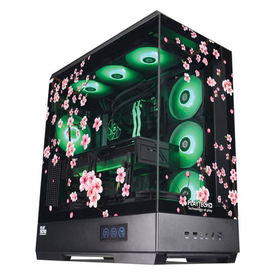 A desktop PC tower in a black case with a transparent side panel, decorated with pink cherry blossom flowers and green internal RGB lighting.