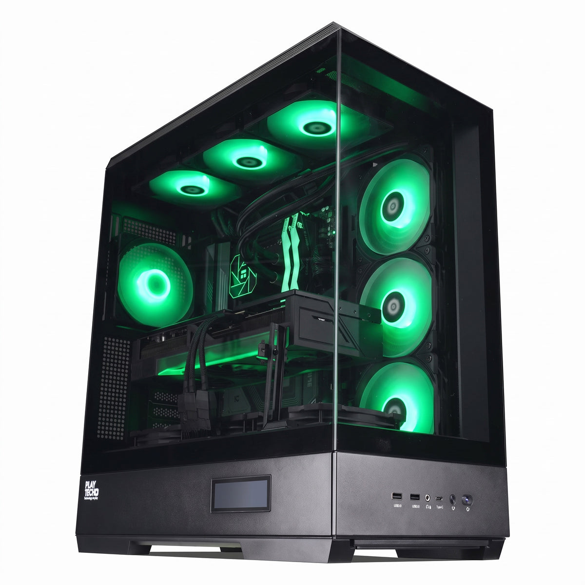 A black desktop computer tower with a transparent side panel, showcasing bright green LED-lit cooling fans and internal components, set against a plain white background.