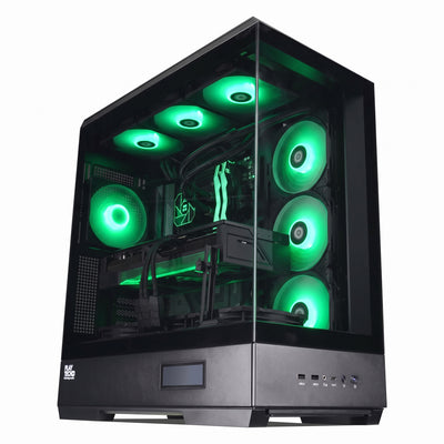A black desktop computer tower with a transparent side panel, showcasing bright green LED-lit cooling fans and internal components, set against a plain white background.