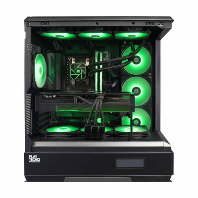 A black custom PC tower case with a clear side panel, showcasing a fully built desktop computer with glowing green RGB fans and internal components, on a solid white background.