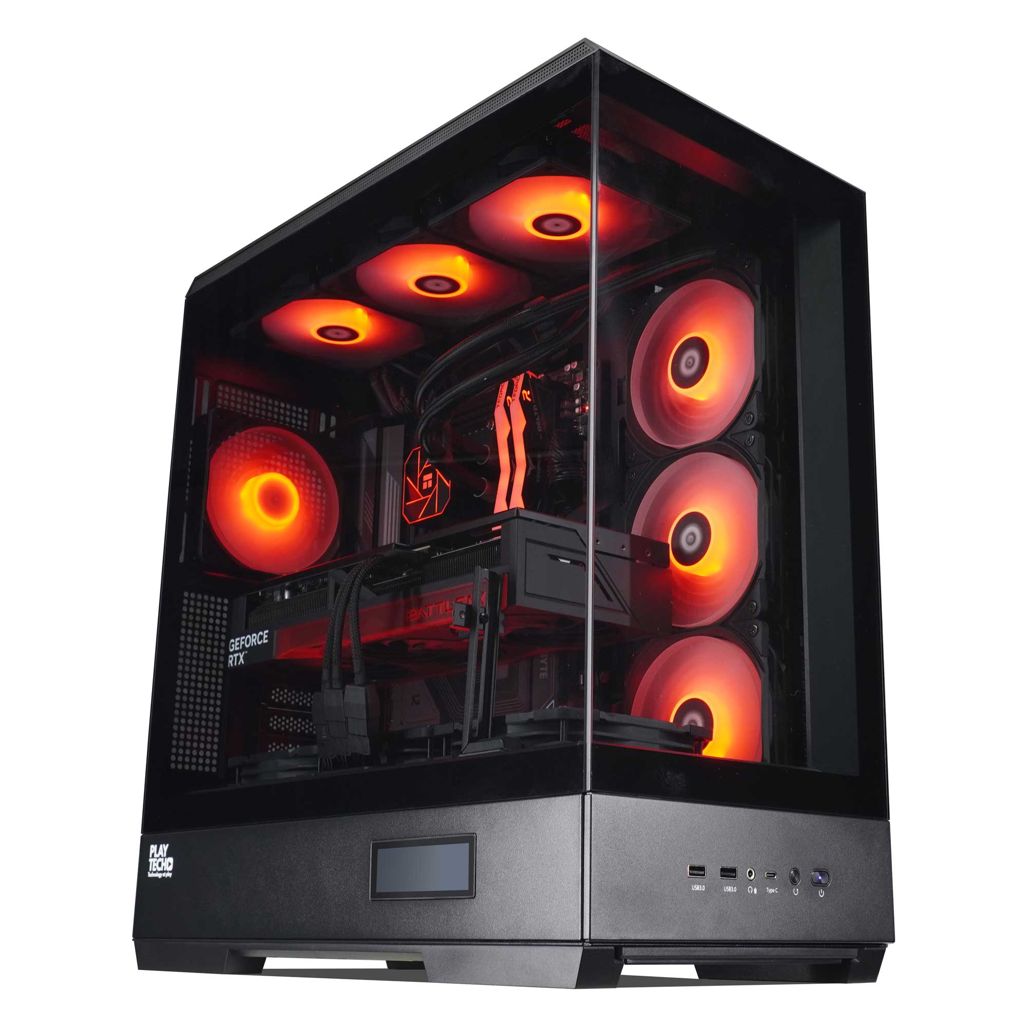 Glossy black computer case with red LED lights on a white background