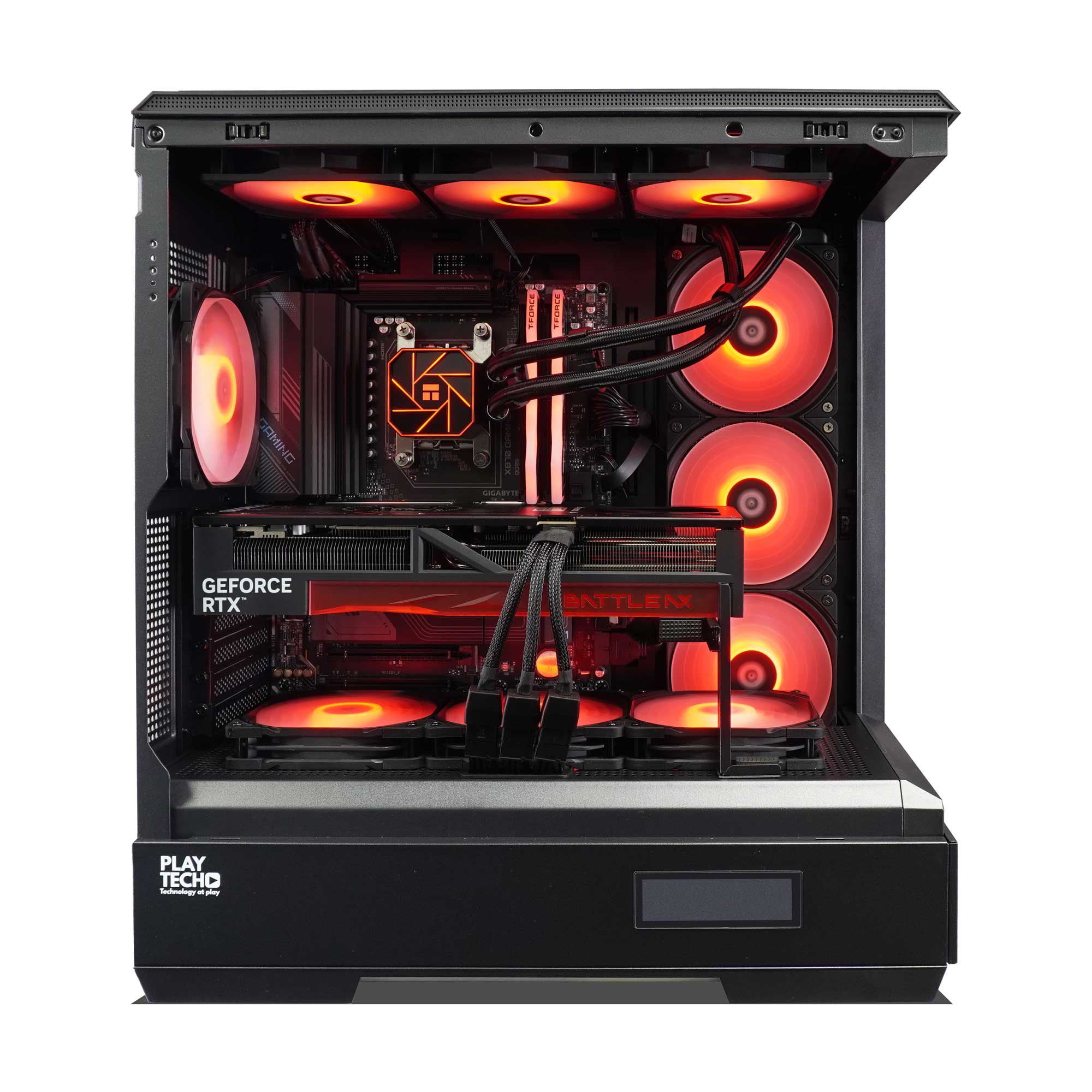 Open computer case with visible components and red lighting on a white background