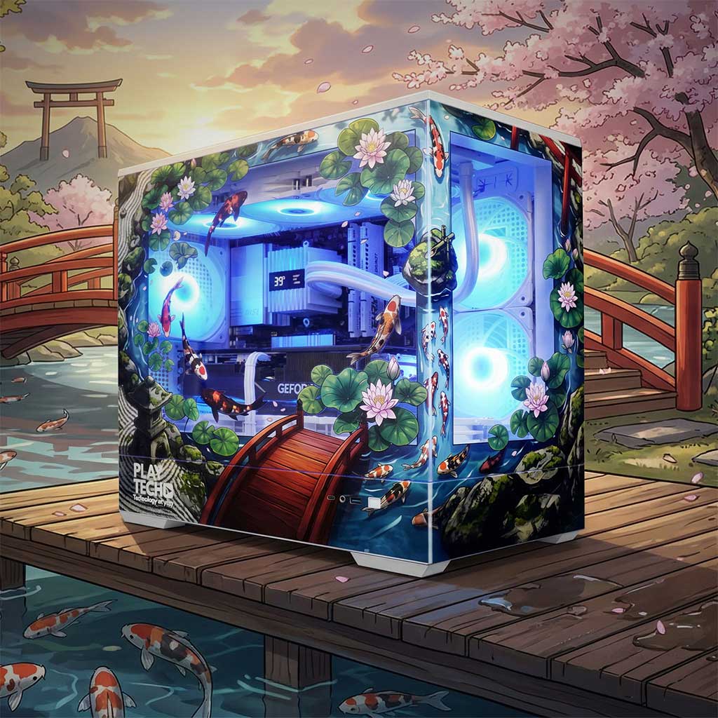 Computer case with a scenic design featuring a bridge, cherry blossoms, and koi fish in a Japanese garden setting.