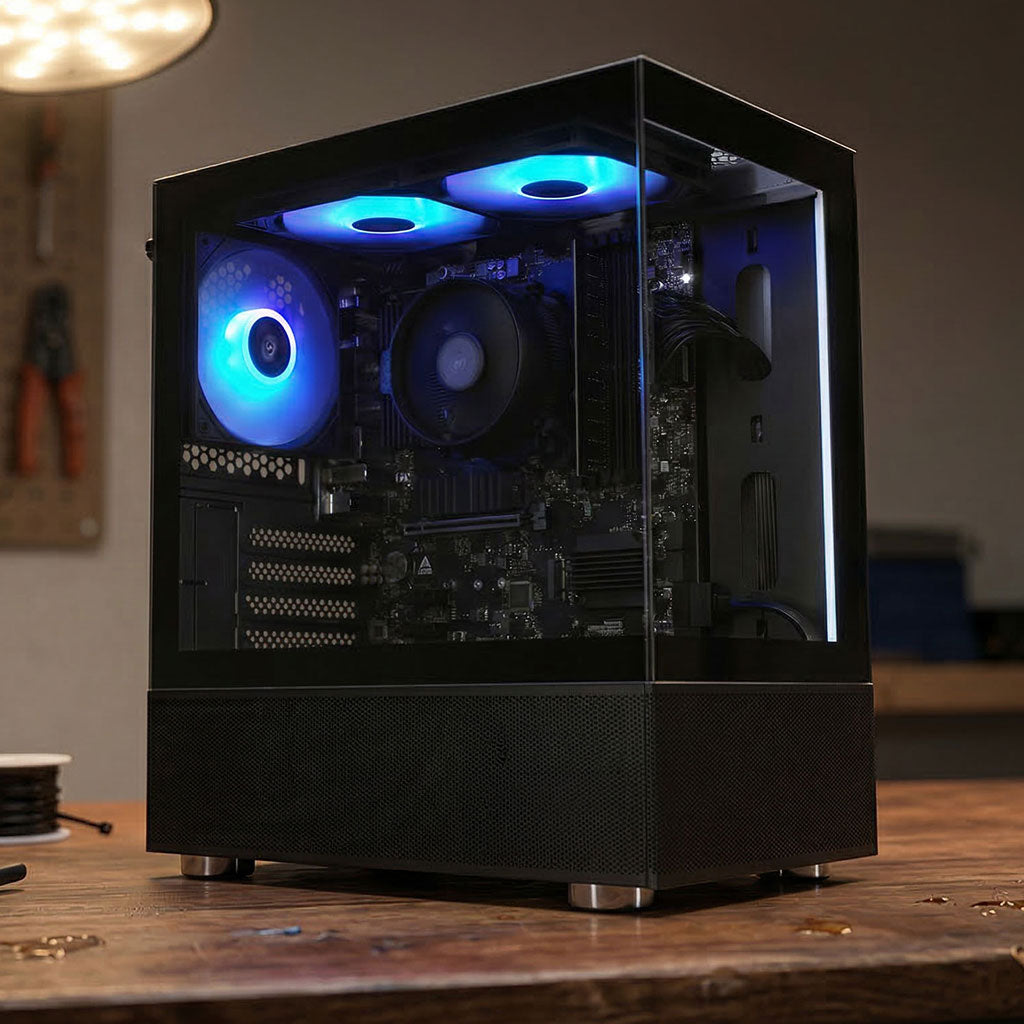 Computer case with glowing blue components on a wooden desk