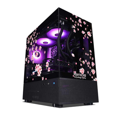 Computer case with cherry blossom design and purple lighting on a white background