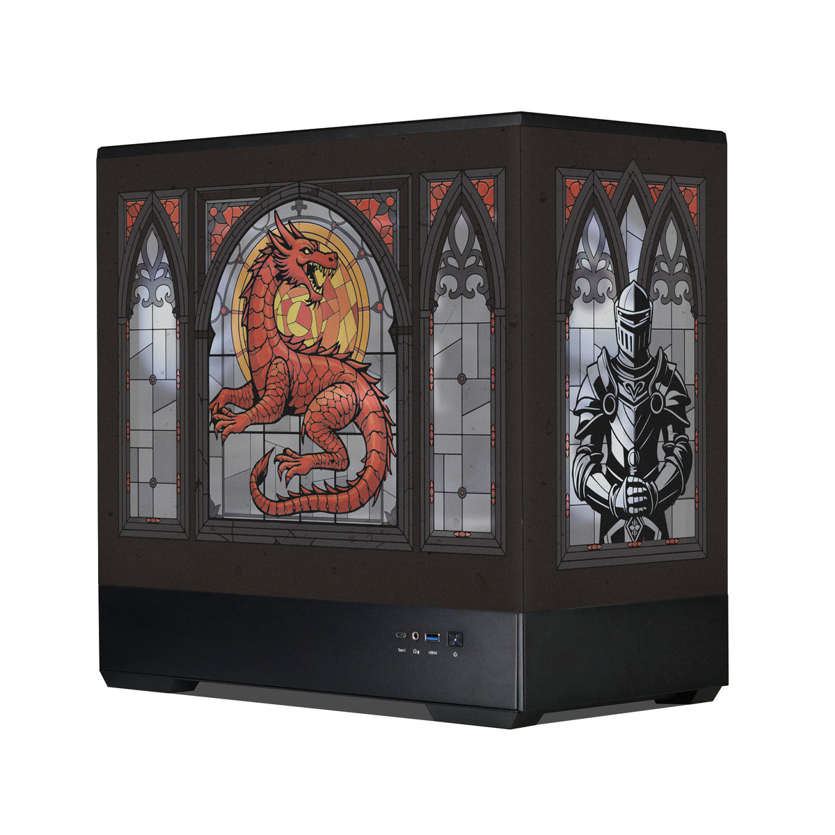 Decorative computer case with stained glass designs of a dragon and a knight on a white background