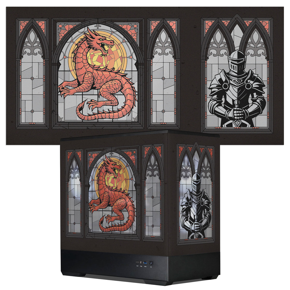 Decorative computer case with stained glass designs of a dragon and a knight on a white background