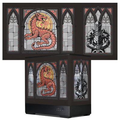 Decorative computer case with stained glass designs of a dragon and a knight on a white background