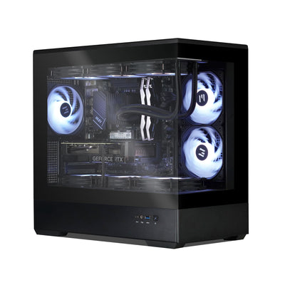 Computer case with visible internal components on a white background