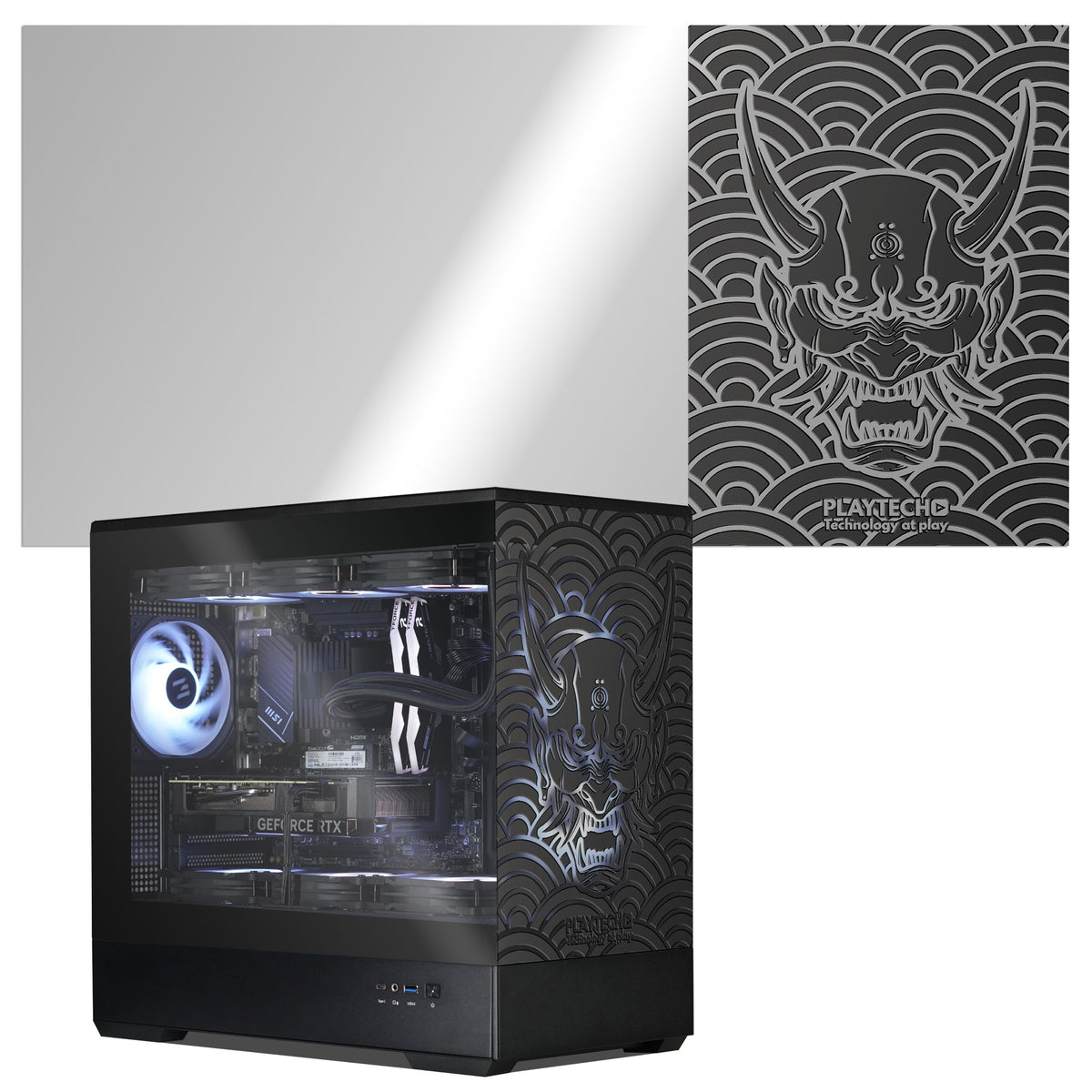 Computer case with demon design on a white background