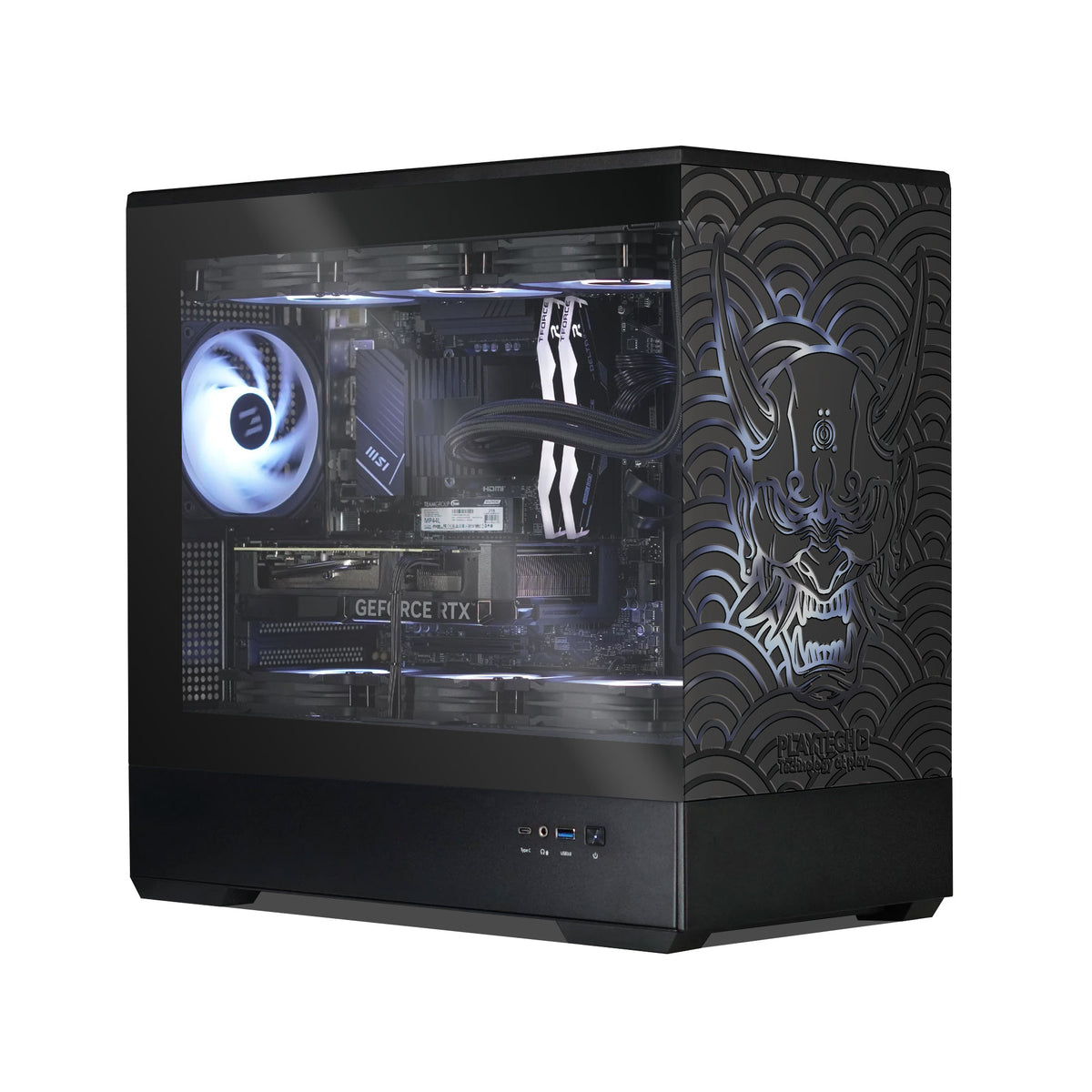 Computer case with visible internal components and a black and white design on the side.