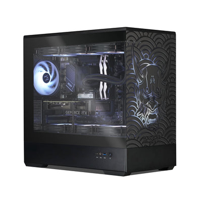 Computer case with visible internal components and a black and white design on the side.