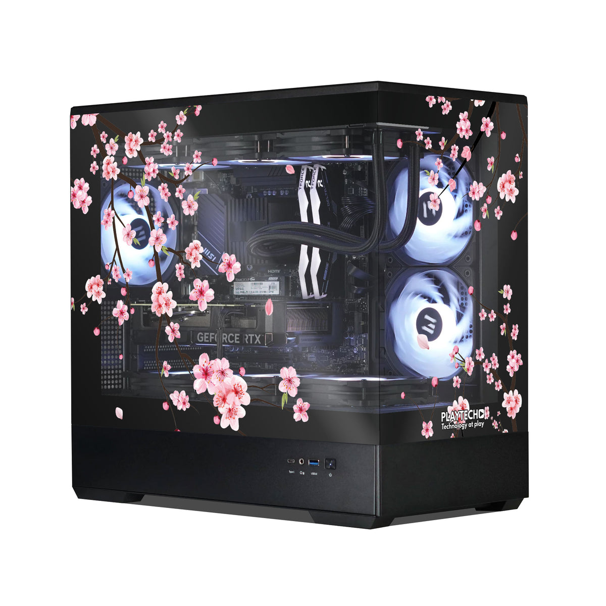 Computer case with cherry blossom design on a white background