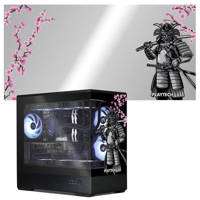 Computer case with Playtech branding, cherry blossoms, and samurai design on a gray background.