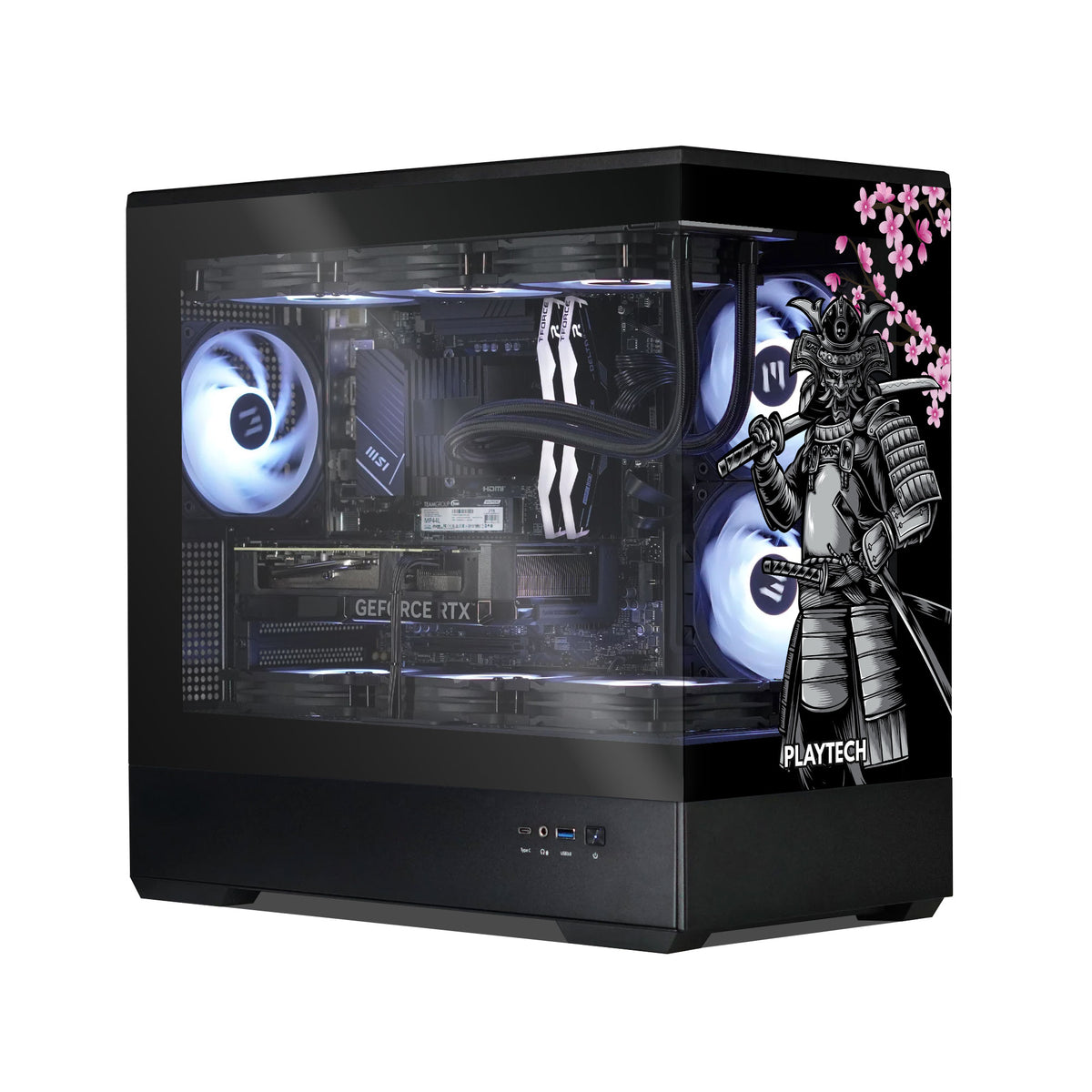 Glossy black computer case with visible internal components and a samurai design on a white background