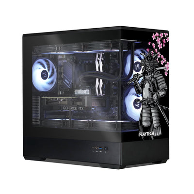 Glossy black computer case with visible internal components and a samurai design on a white background