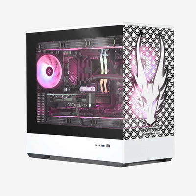 Computer case with pink interior lighting and white dragon design on the side