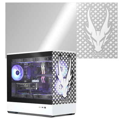 Computer case with visible internal components and a dragon design on the side panel.