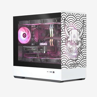 Computer case with visible internal components and a decorative japanese oni demon front panel on a white background