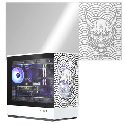 Computer case with a decorative front panel featuring a stylized oni demon design.