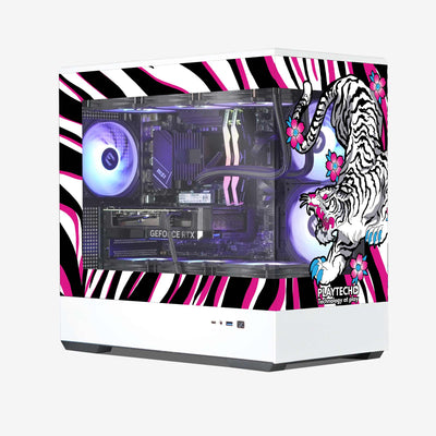 Gaming PC with colorful design featuring a neon tiger pattern on a white background