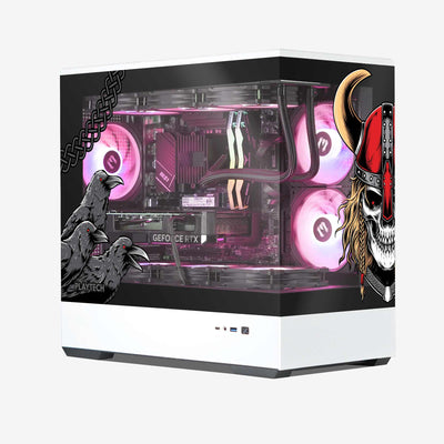 Glossy gaming PC case with pink lighting and decorative viking elements on a white background
