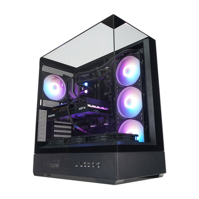 A black custom PC tower with a glass side panel, showcasing a high-end interior with three glowing blue and purple fans, a GPU, and a CPU cooler, set against a plain white background.
