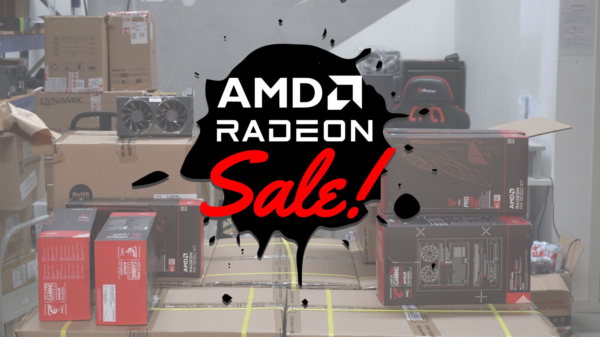 Load video: a short video announcing a sale on gaming PCs featuring AMD Radeon RX 9060 and RX 9060 XT Graphics cards.