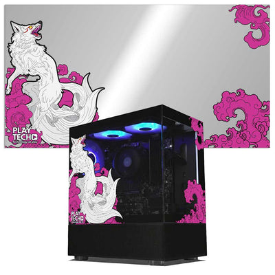 Decorative computer case with kitsune fox design and pink patterns on a white background