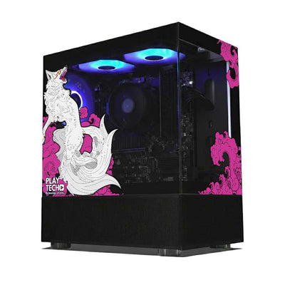 Computer case with artistic kitsune fox design and glowing lights on a white background