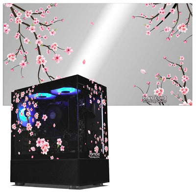 Computer case with cherry blossom design on a gray background