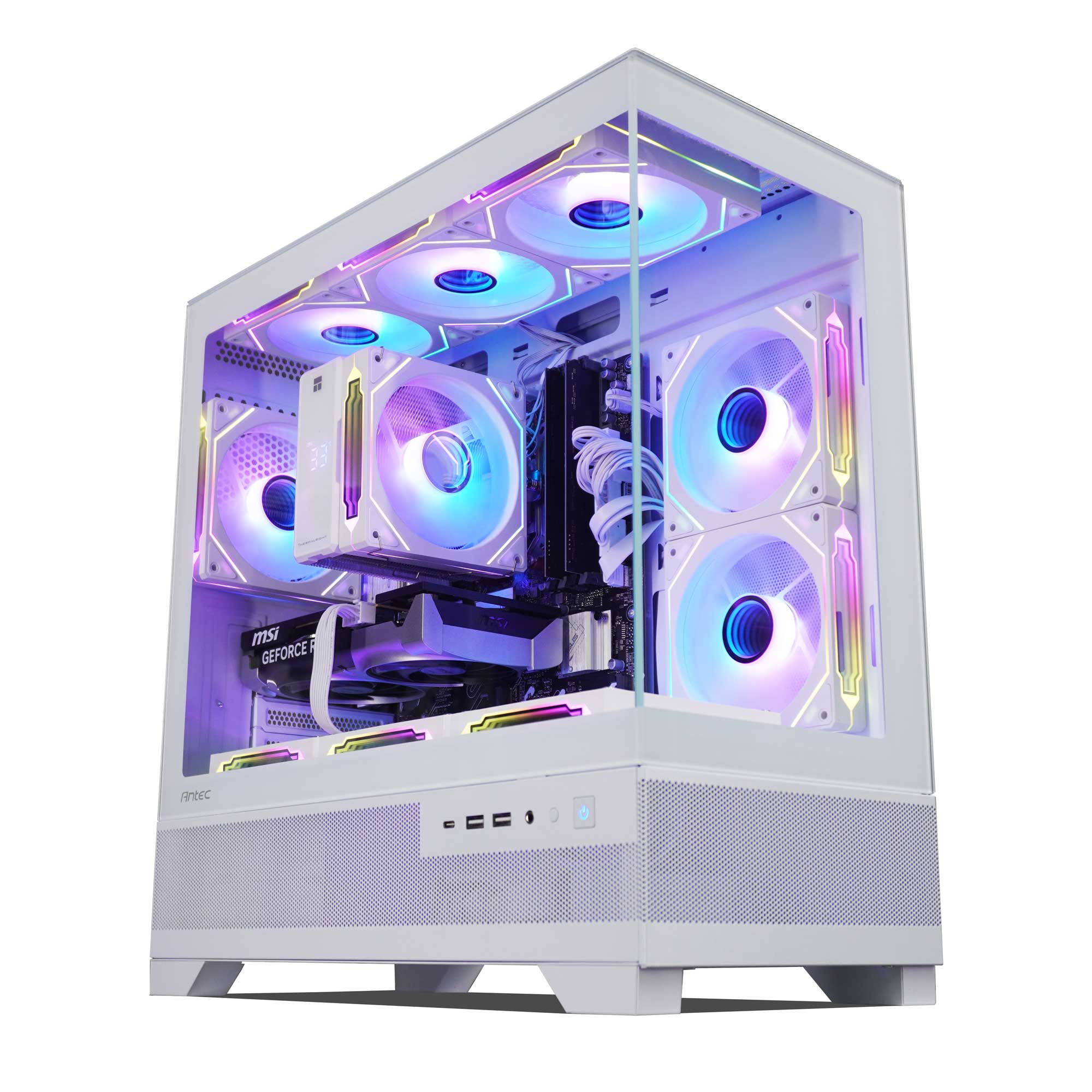 Computer case with RGB lighting on a white background