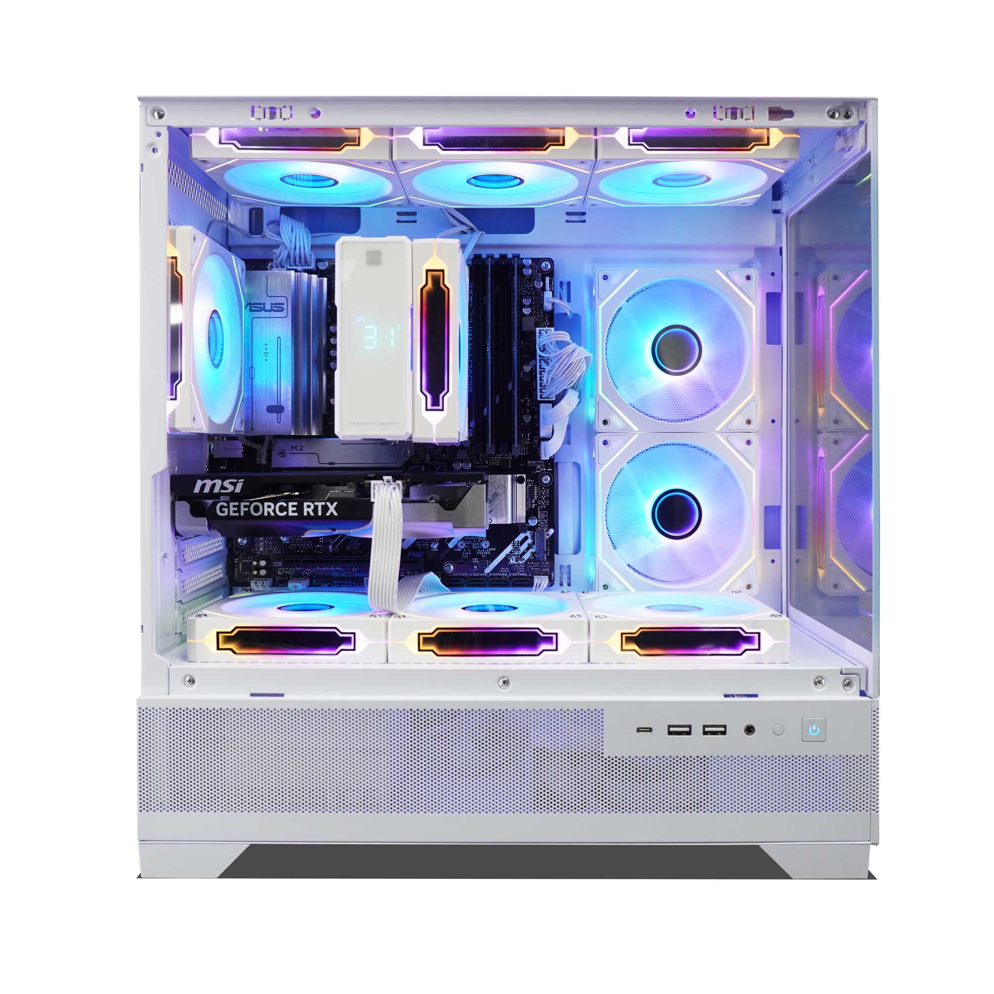 Open computer case with visible hardware components on a white background